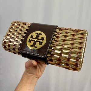 Tory Burch | Rare Basket Woven Metallic gold/brown Glossy Matte 'Rattan' Clutch